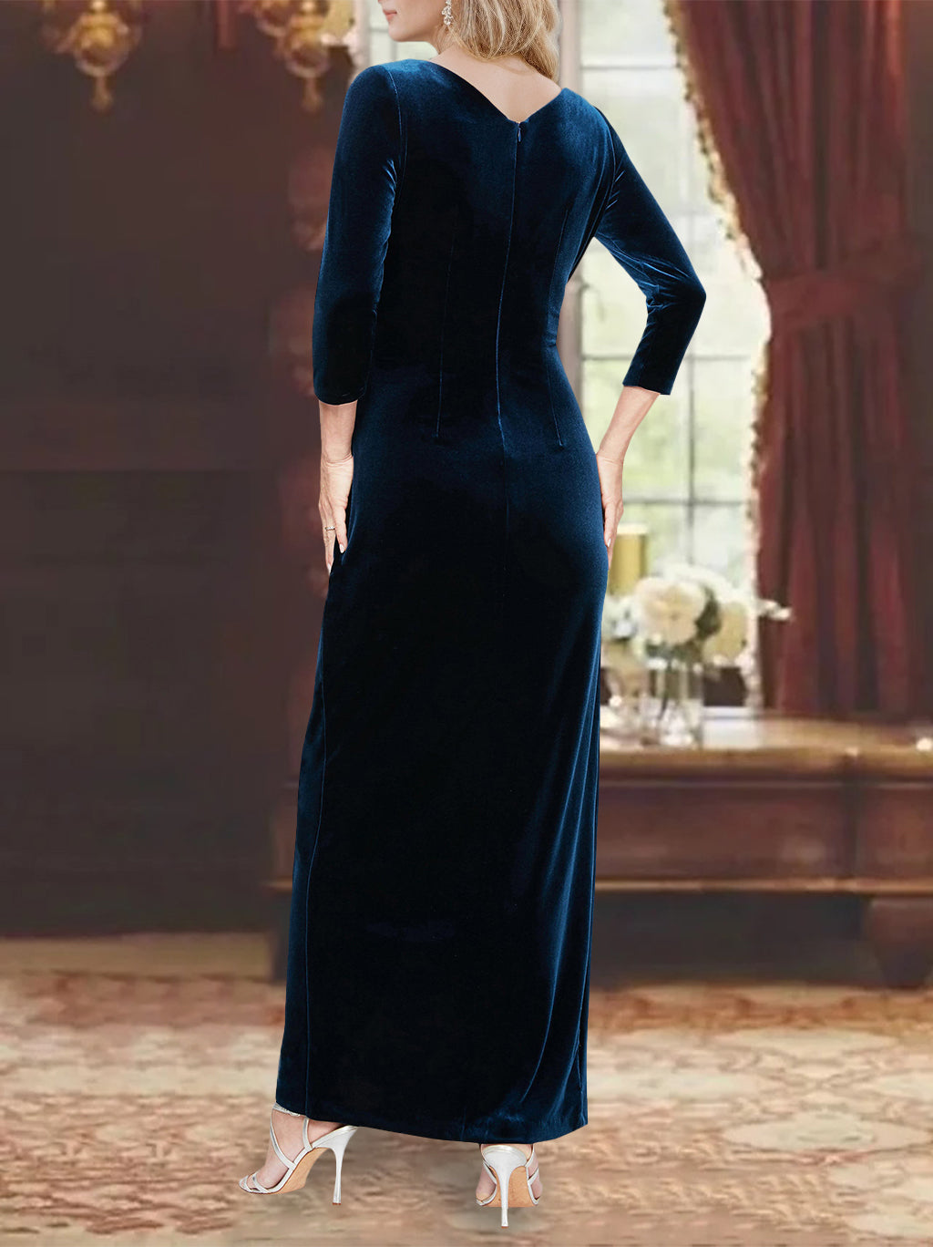 V Neck Princess A Line Dress For Mother Of The Bride With Sleeves And Ruffles