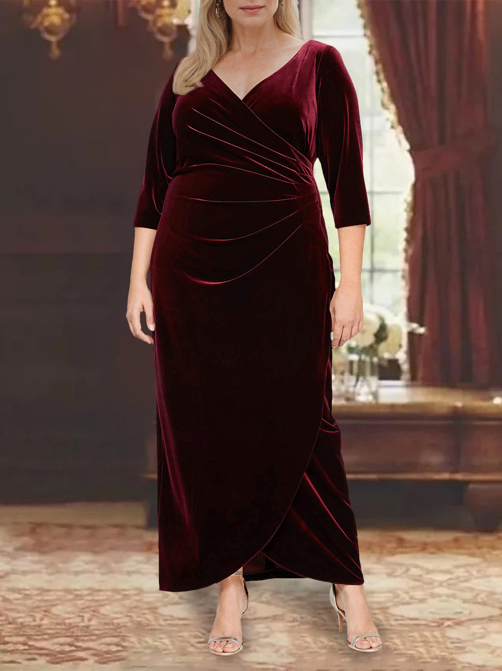 V Neck Princess A Line Dress For Mother Of The Bride With Sleeves And Ruffles