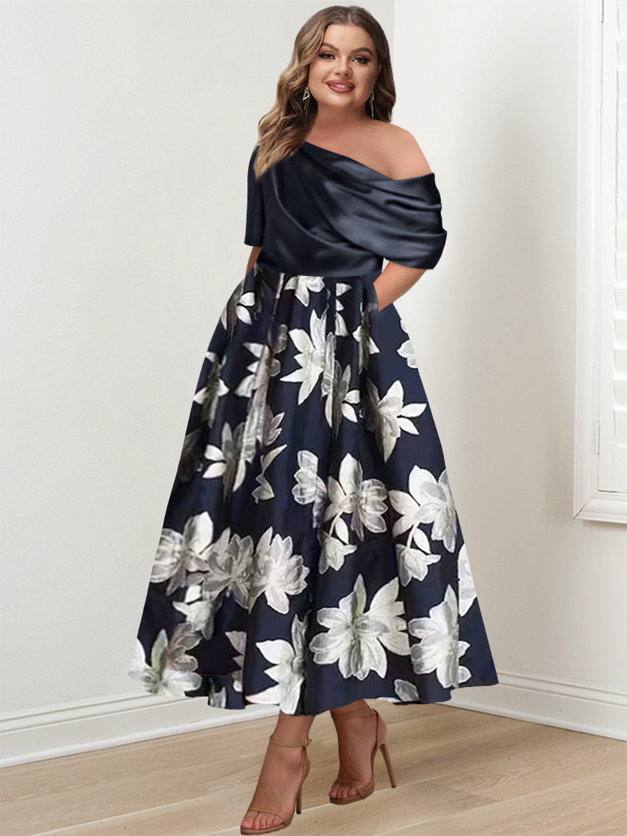 Printed Flower Plus Size Mother Of The Bride A Line Dress One Shoulder