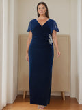 Plus Size Velvet Mother of the Bride Dress With V Neck Ruffles and Appliques