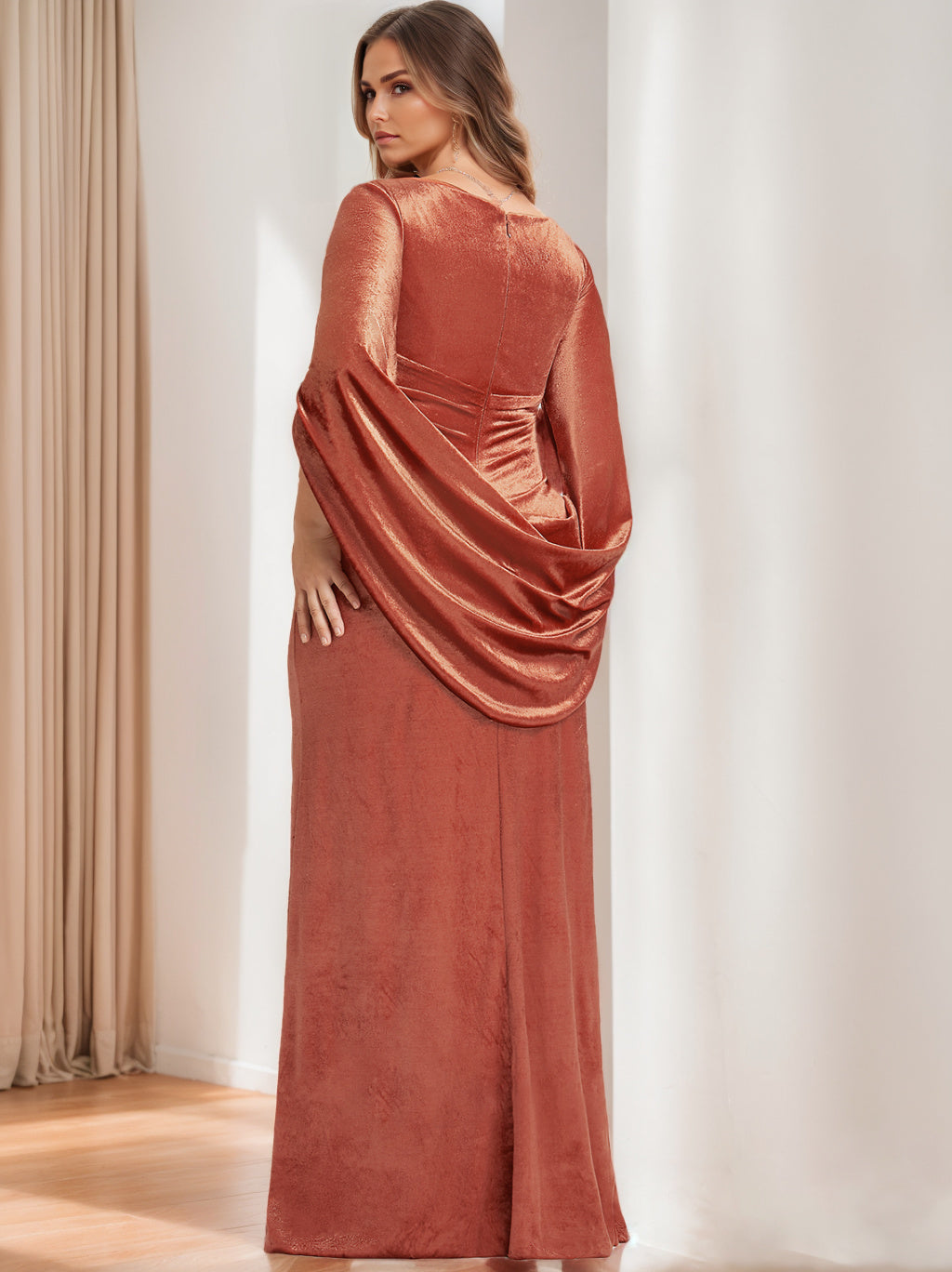 Velvet V Neck Mother Of The Bride Gown With Ruffles Plus Size
