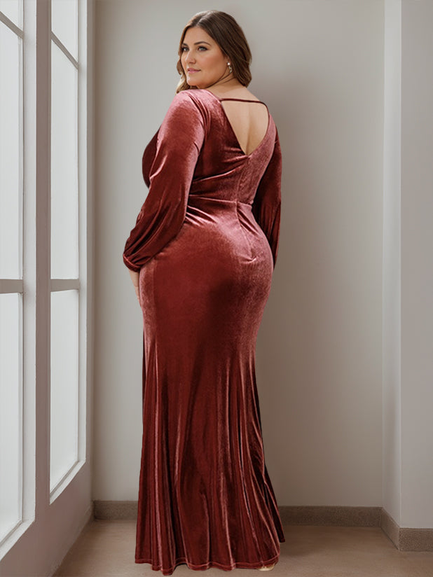 Plus Size Velvet Mother Of The Bride A Line Gown With V Neck Long Sleeves