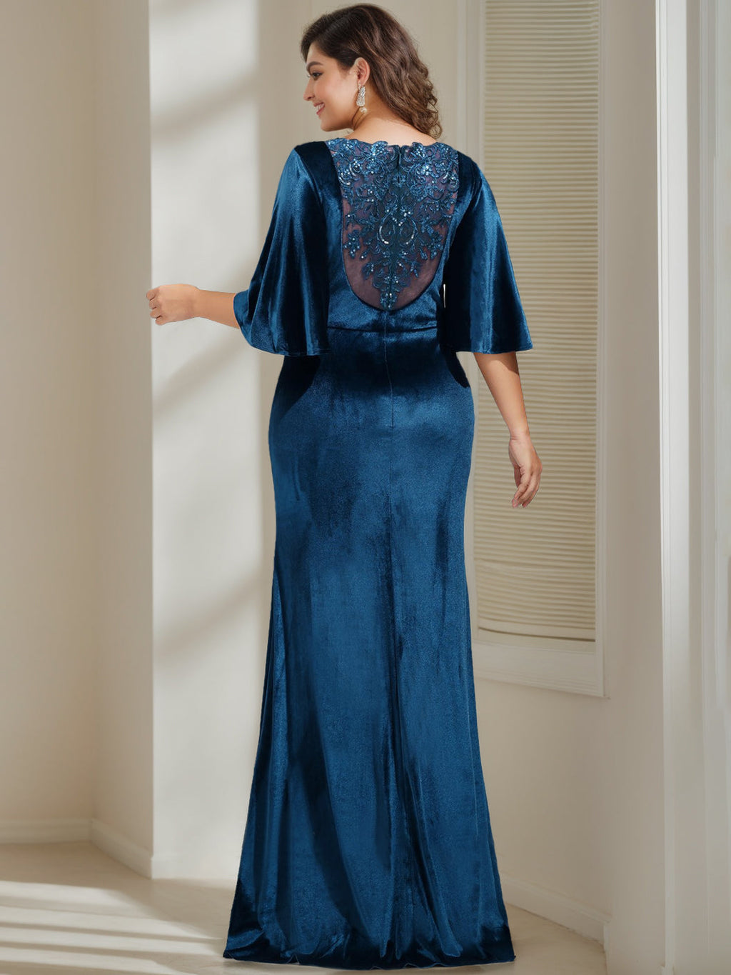 Floor Length Velvet Mother of the Bride Dress with Scoop Neck Beading Sequins