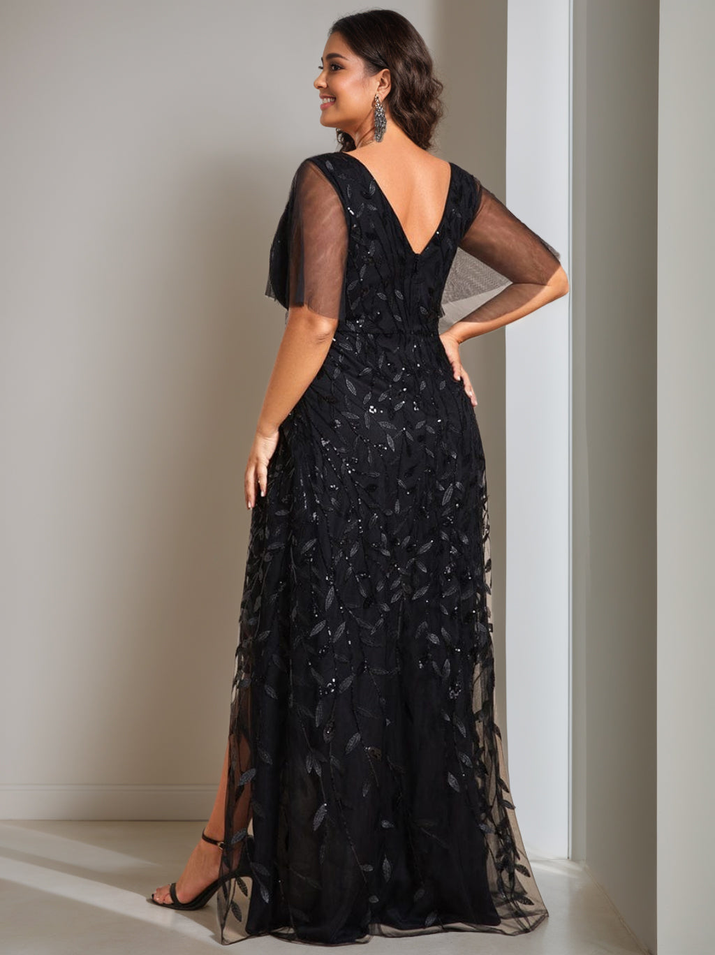Plus Size Sequin A Line Dress With Asymmetrical V Neck For Mother Of The Bride