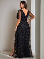 V Neck A Line Princess Dress With Sequins Asymmetrical For Mother Of The Bride