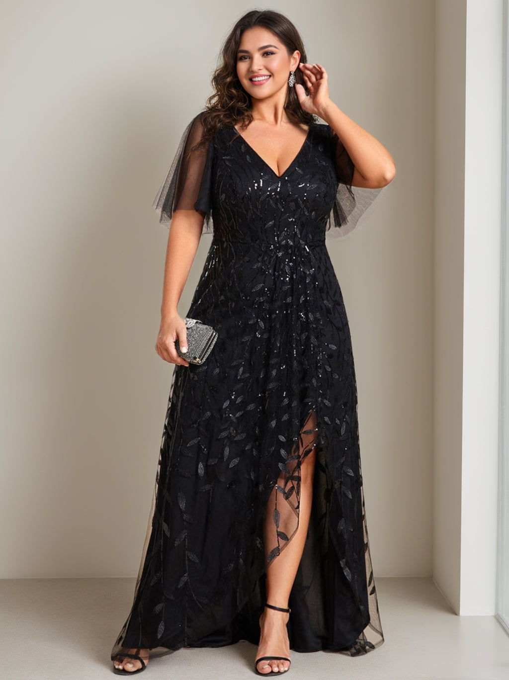 V Neck A Line Princess Dress With Sequins Asymmetrical For Mother Of The Bride