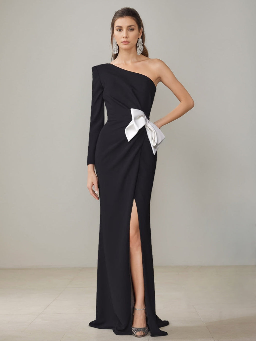 One Shoulder Floor Length Mother Of The Bride Gown With Side Split Bow Knot