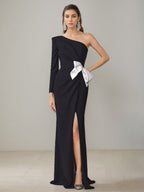 One Shoulder Floor Length Mother Of The Bride Gown With Side Split Bow Knot