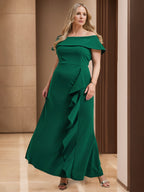 Vestido plus size com ombros descobertos até ao chão e bainha com folhos, mãe da noiva