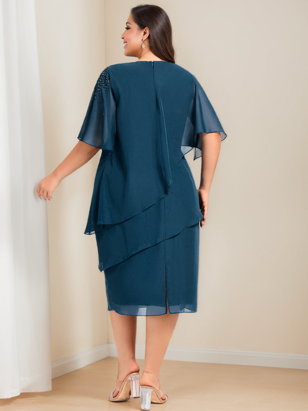 Plus Size Knee Length Mother Of The Bride Sheath Dress With Beading And Sequins