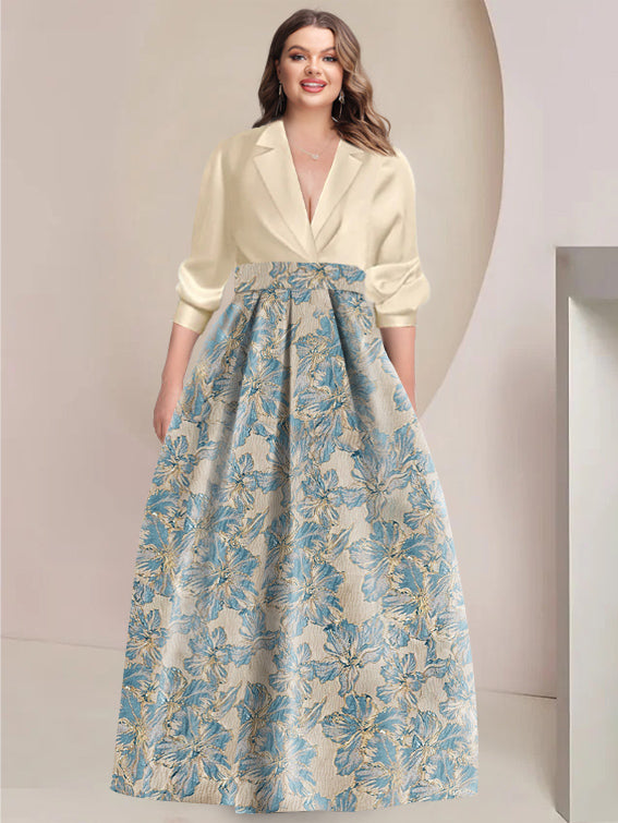 Printed Floral 3/4 Sleeve Shirt Collar A-Line Dress for Mother of the Bride & Groom