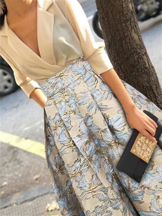 Printed Floral 3/4 Sleeve Shirt Collar A-Line Dress for Mother of the Bride & Groom