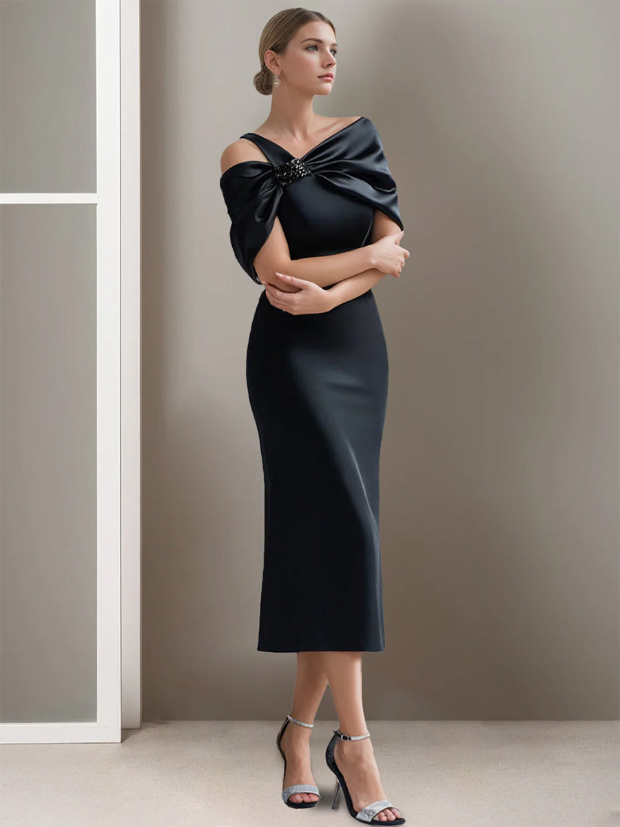 Off The Shoulder Short Sleeve Tea Length Mother Of The Bride Sheath Dress