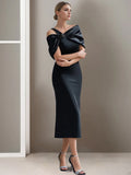 Off The Shoulder Short Sleeve Tea Length Mother Of The Bride Sheath Dress