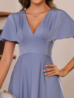 V Neck A Line Floor Length Mother Of The Bride Dress With Short Sleeves Ruffles