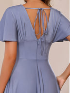 Plus Size V Neck A Line Floor Length Mother Of The Bride Dress With Ruffles Short Sleeves