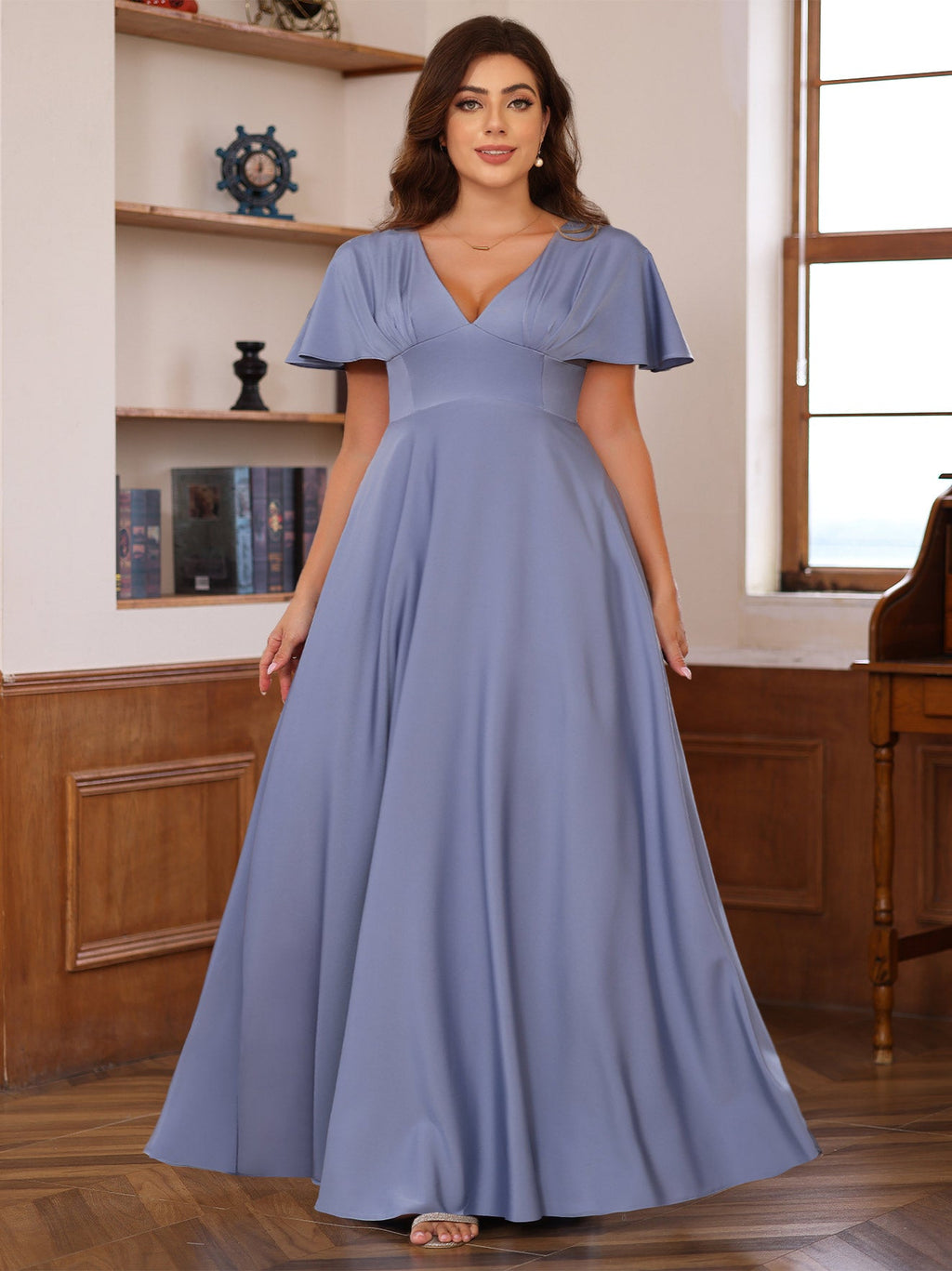 V Neck A Line Floor Length Mother Of The Bride Dress With Short Sleeves Ruffles