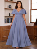 V Neck A Line Floor Length Mother Of The Bride Dress With Short Sleeves Ruffles