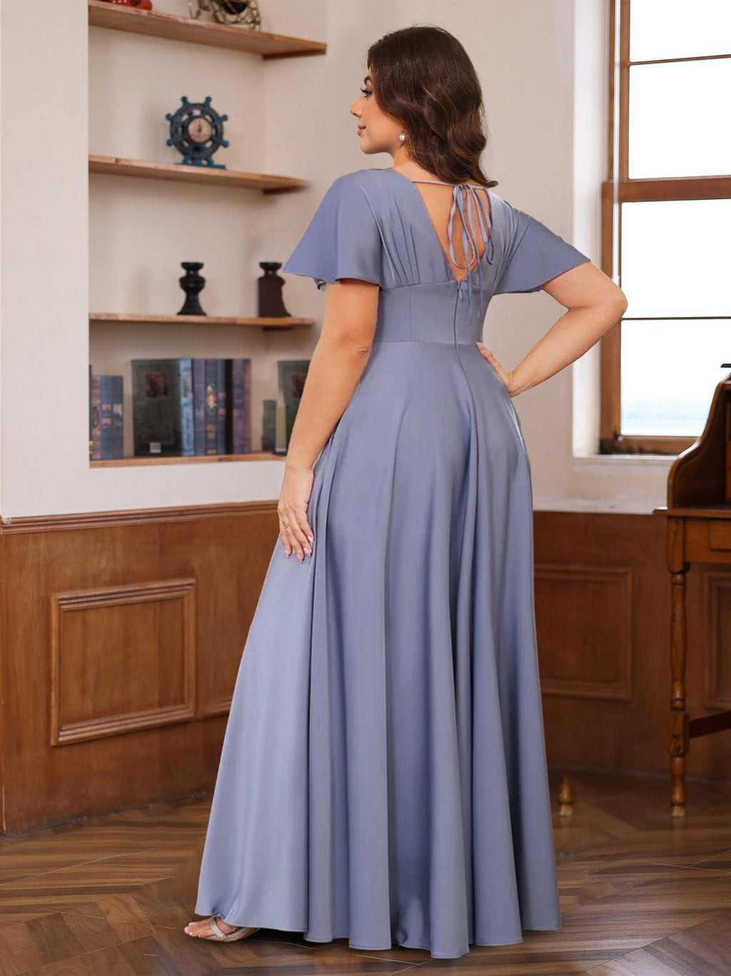 V Neck A Line Floor Length Mother Of The Bride Dress With Short Sleeves Ruffles