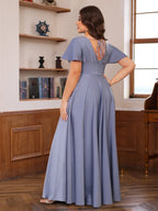 V Neck A Line Floor Length Mother Of The Bride Dress With Short Sleeves Ruffles