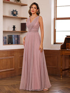 Unique V-Neck Sleeveless Floor-Length A-Line Mother of the Bride Dress with Ruffles
