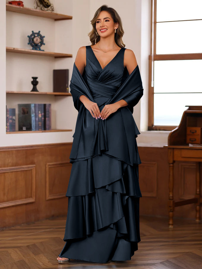 V Neck Sleeveless A Line Mother Of The Bride Dress With Ruffles Wrap