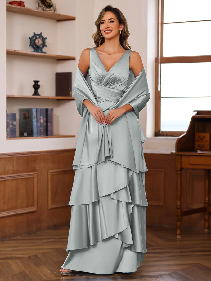 V Neck Sleeveless A Line Mother Of The Bride Dress With Ruffles Wrap