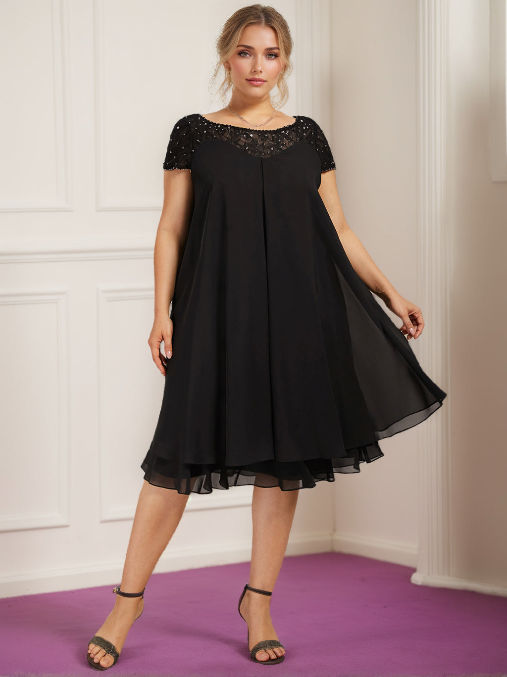 Plus Size Mother Of The Bride Knee Length Beaded Sequin Dress