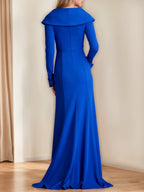Vestido até ao chão com decote em V sereia trompete mãe da noiva mangas com folhos