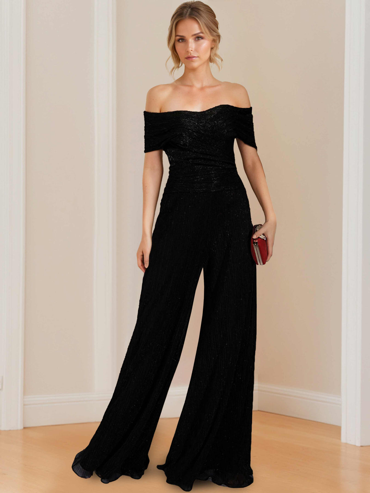 Elegant Mother Of The Bride Jumpsuit In Crinkle Chiffon Strapless Floor Length
