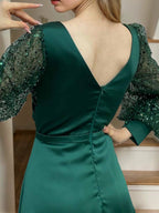 Vestido Princesa A Line com decote em V até ao chão para mãe da noiva, lantejoulas e folhos