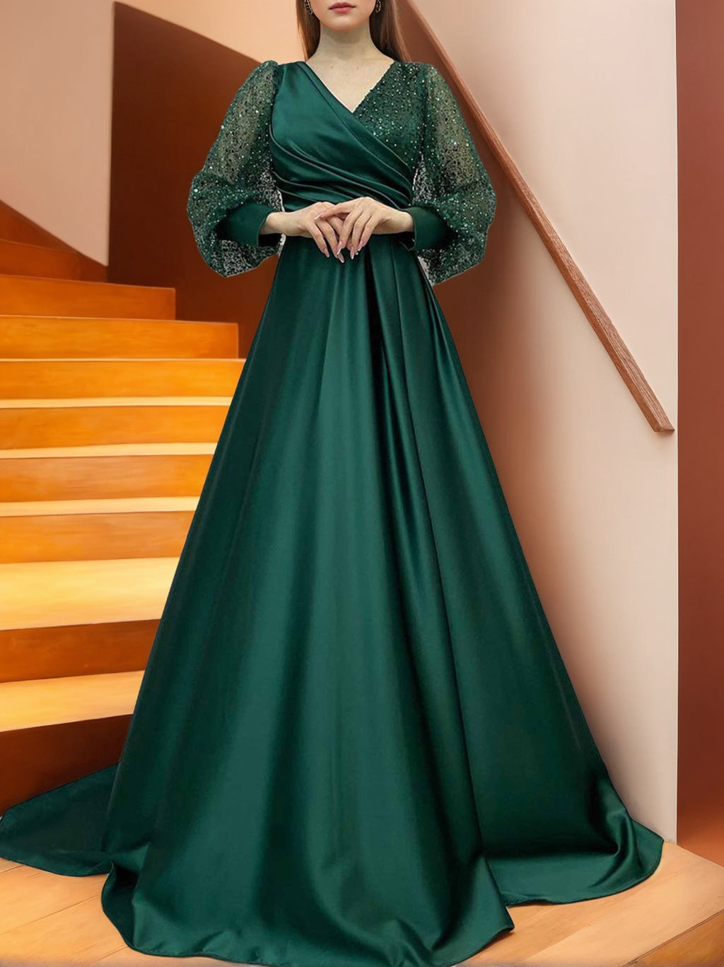 Vestido Princesa A Line com decote em V até ao chão para mãe da noiva, lantejoulas e folhos