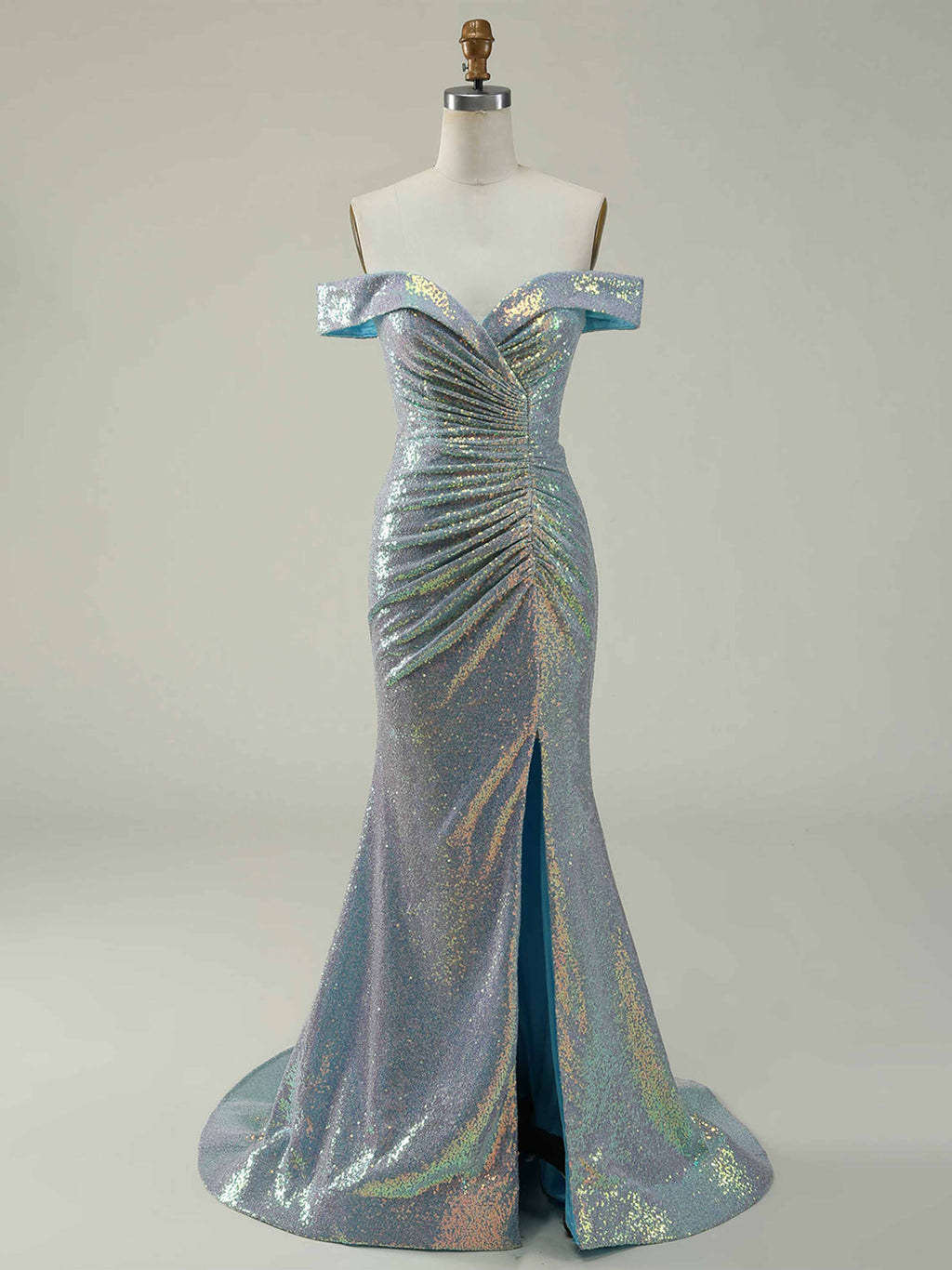 Off Shoulder Sleeveless Mermaid Trumpet Gown Sequins Ruffles Side Split