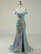 Off Shoulder Sleeveless Mermaid Trumpet Gown Sequins Ruffles Side Split