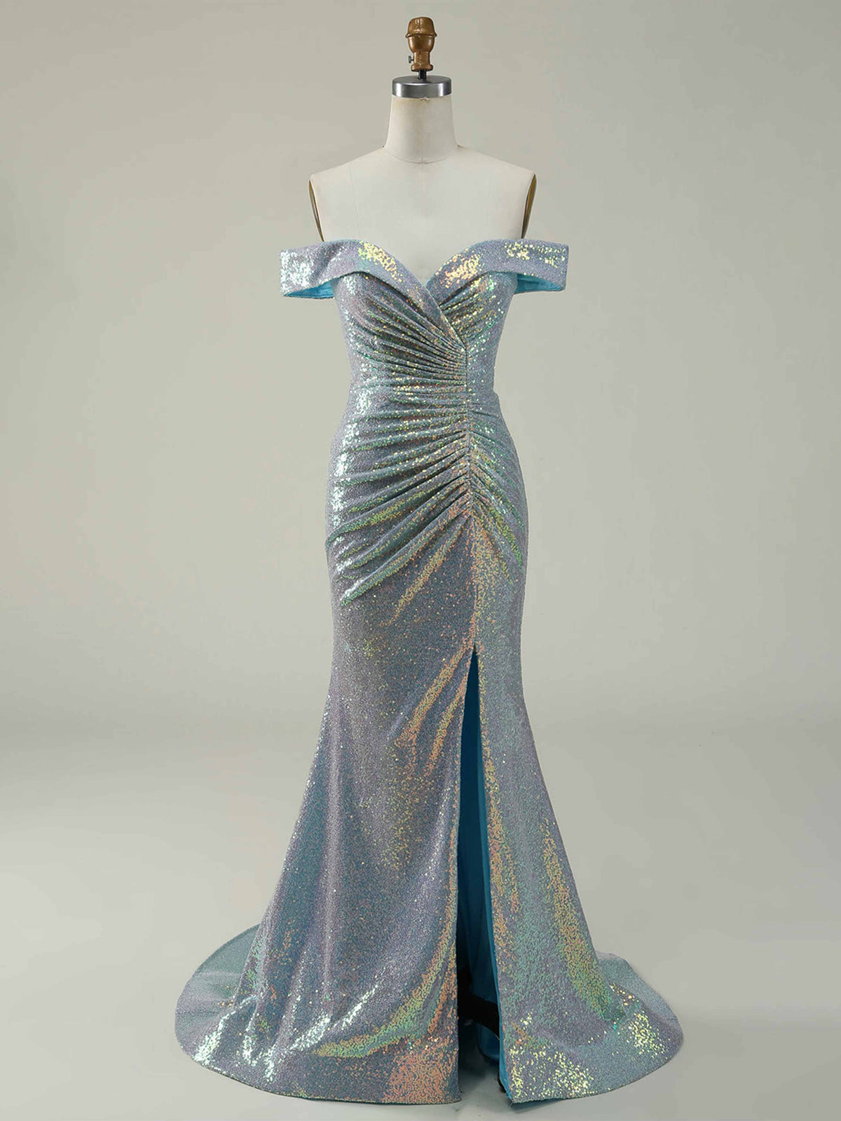 Off Shoulder Sleeveless Mermaid Trumpet Gown Sequins Ruffles Side Split
