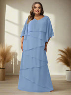V Neck A Line Floor Length Mother Of The Bride Dress Half Sleeves Ruffles