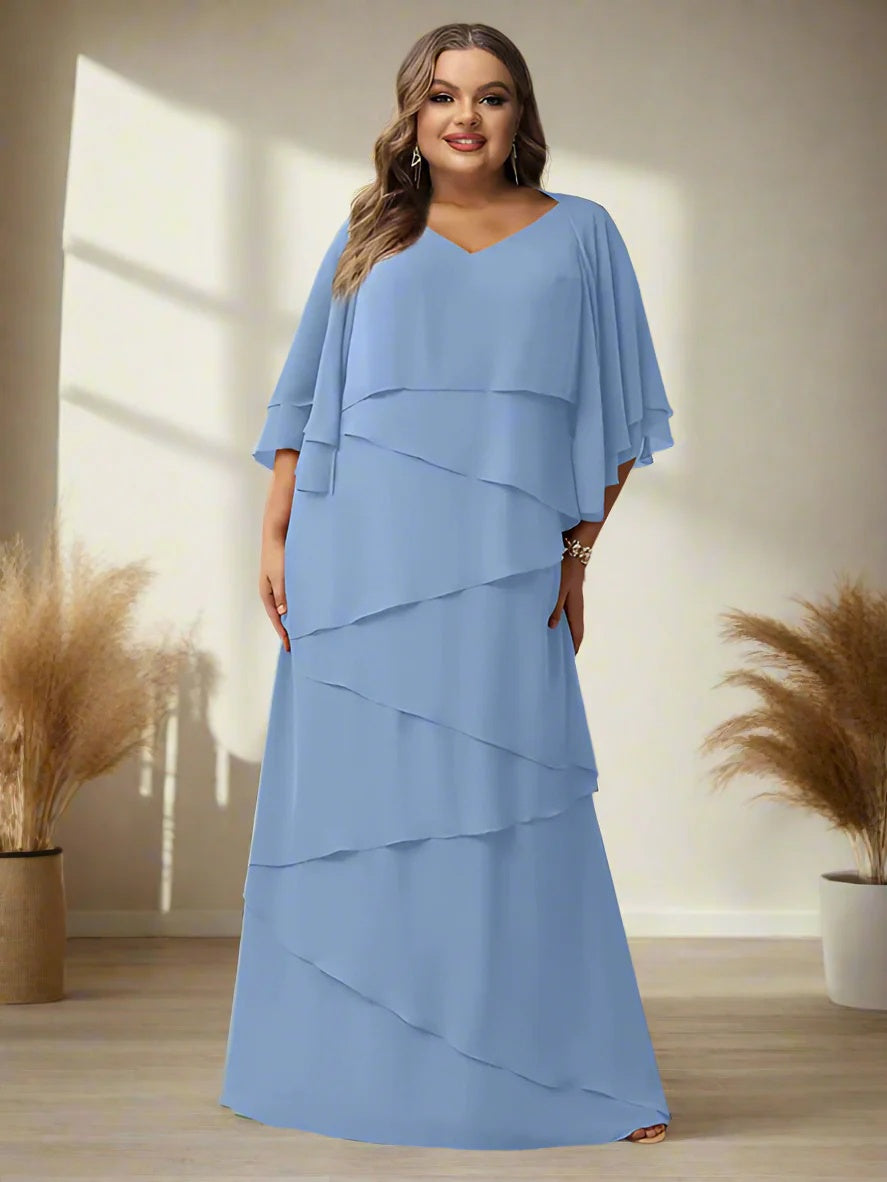 V Neck A Line Floor Length Mother Of The Bride Dress Half Sleeves Ruffles