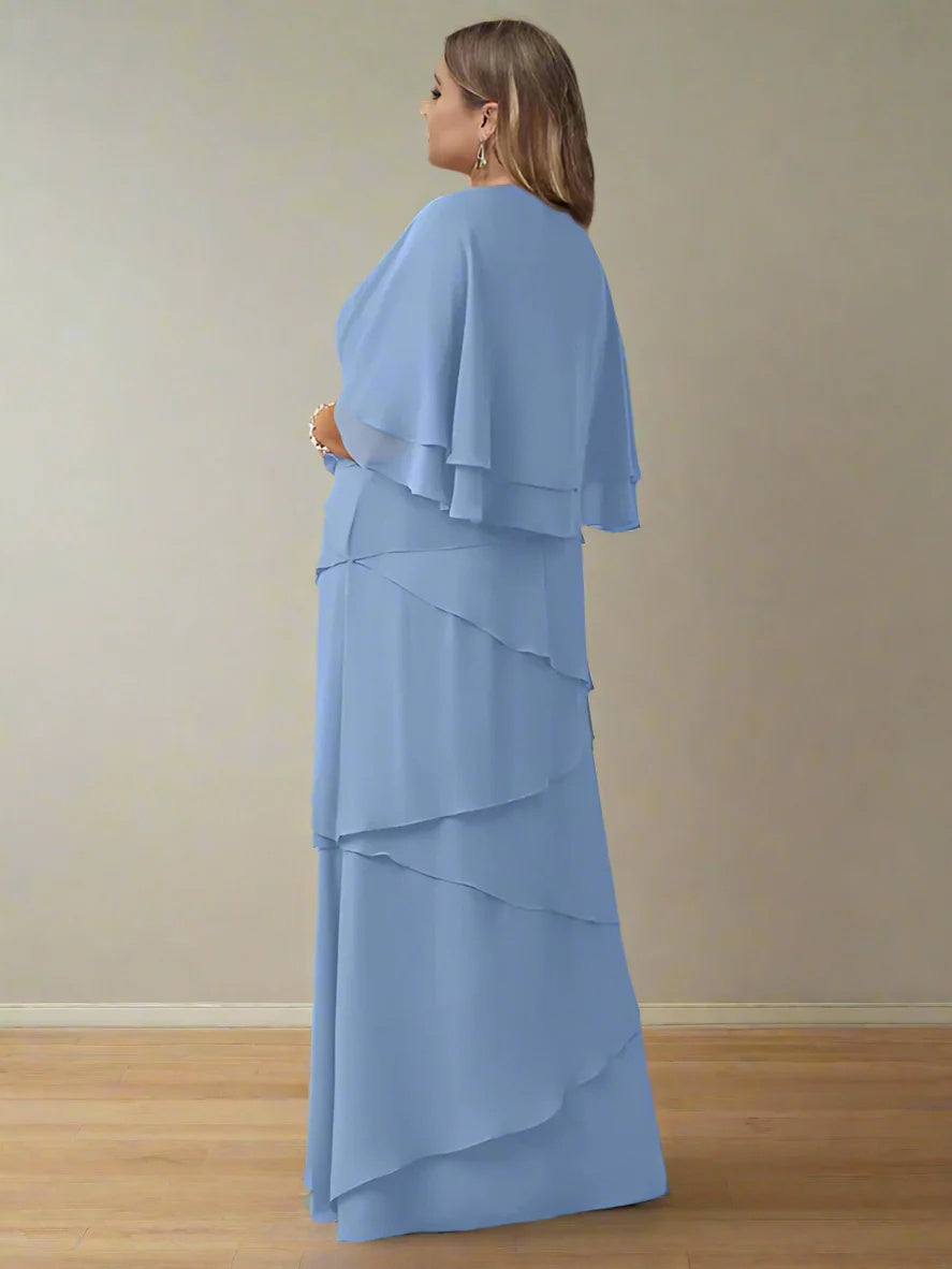 V Neck A Line Floor Length Mother Of The Bride Dress Half Sleeves Ruffles