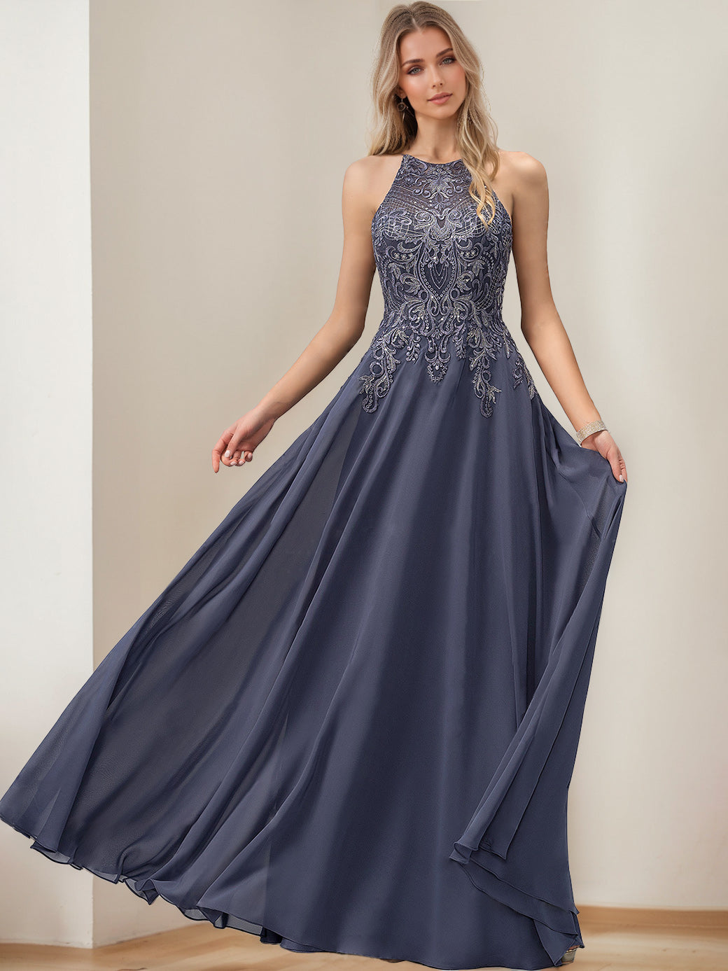 Halter Sleeveless Floor Length A Line Mother Of The Bride Dress Sequins