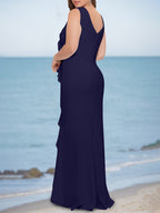 Plus Size V Neck Sleeveless Mother Of The Bride Floor Length Sheath Dress Ruffles
