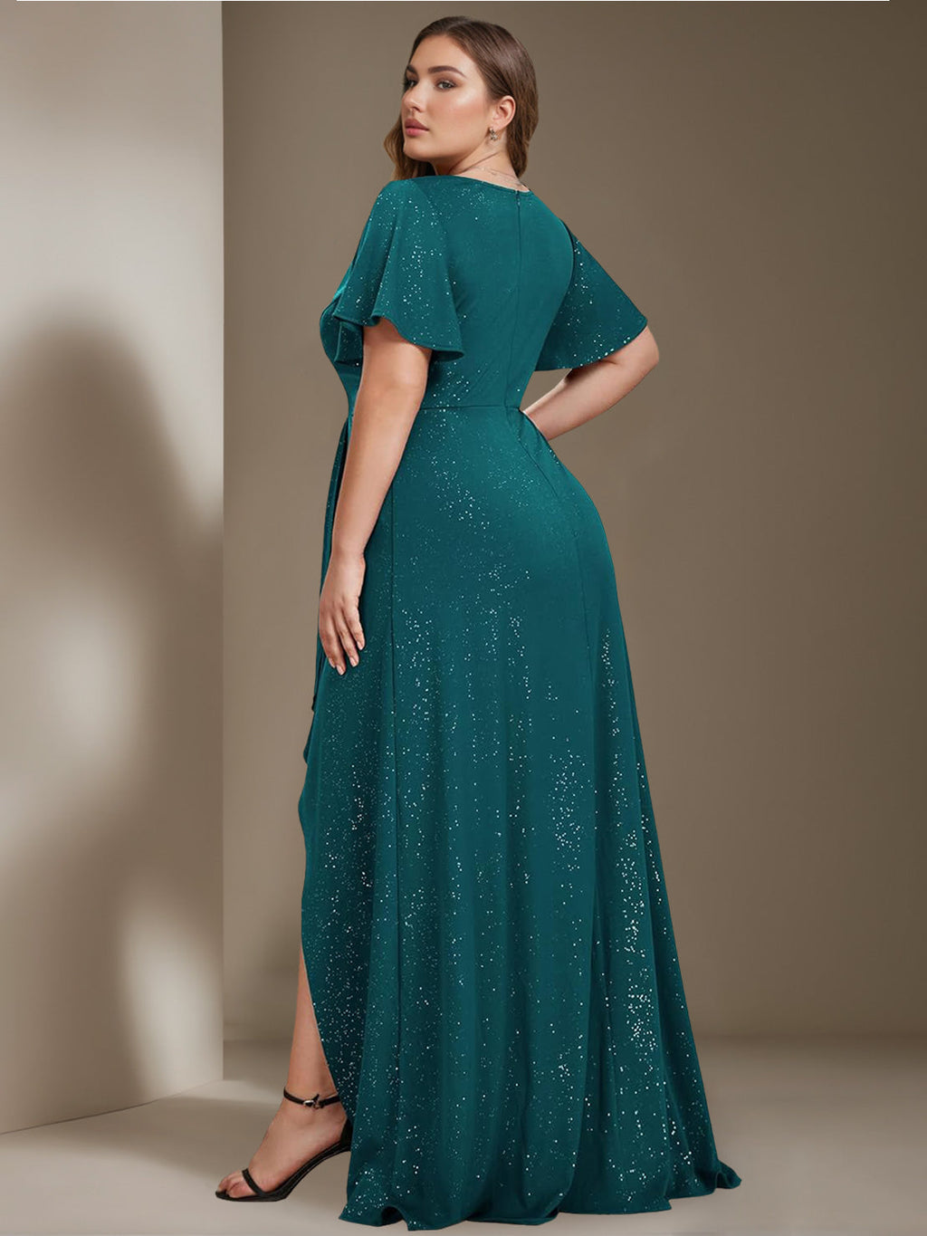 Plus Size Asymmetrical A Line Princess Gown With Deep V Neck Ruffled Sleeves