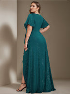 Plus Size Asymmetrical A Line Princess Gown With Deep V Neck Ruffled Sleeves