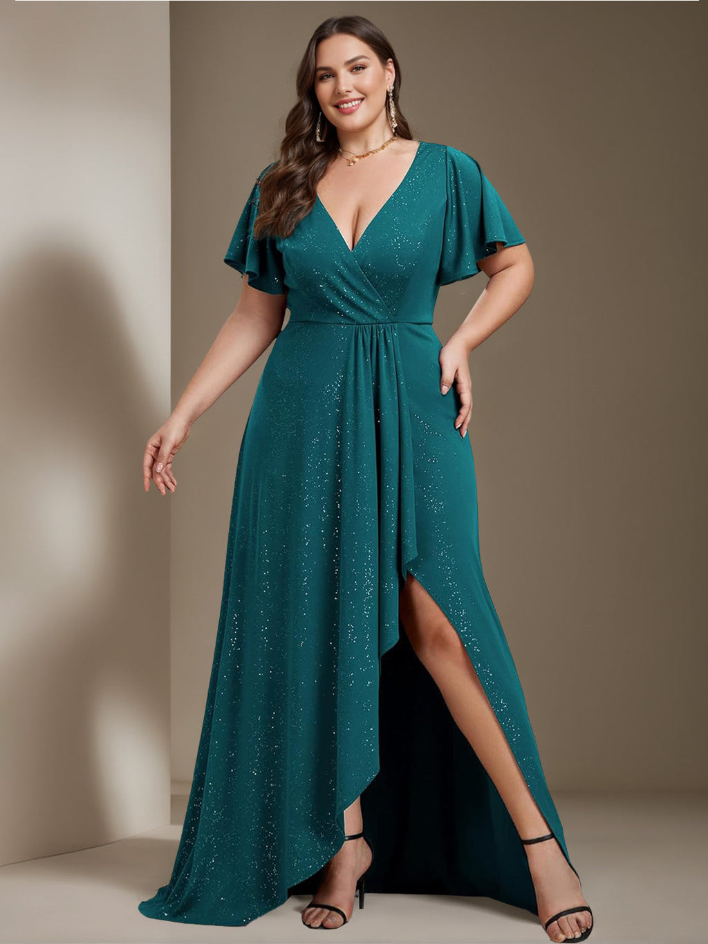 Plus Size Asymmetrical A Line Princess Gown With Deep V Neck Ruffled Sleeves