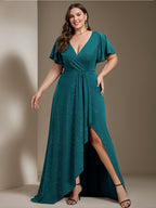 Plus Size Asymmetrical A Line Princess Gown With Deep V Neck Ruffled Sleeves