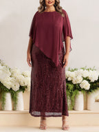 Plus Size Sequined Dress For Mother Of The Bride With Scoop Neck Half Sleeves