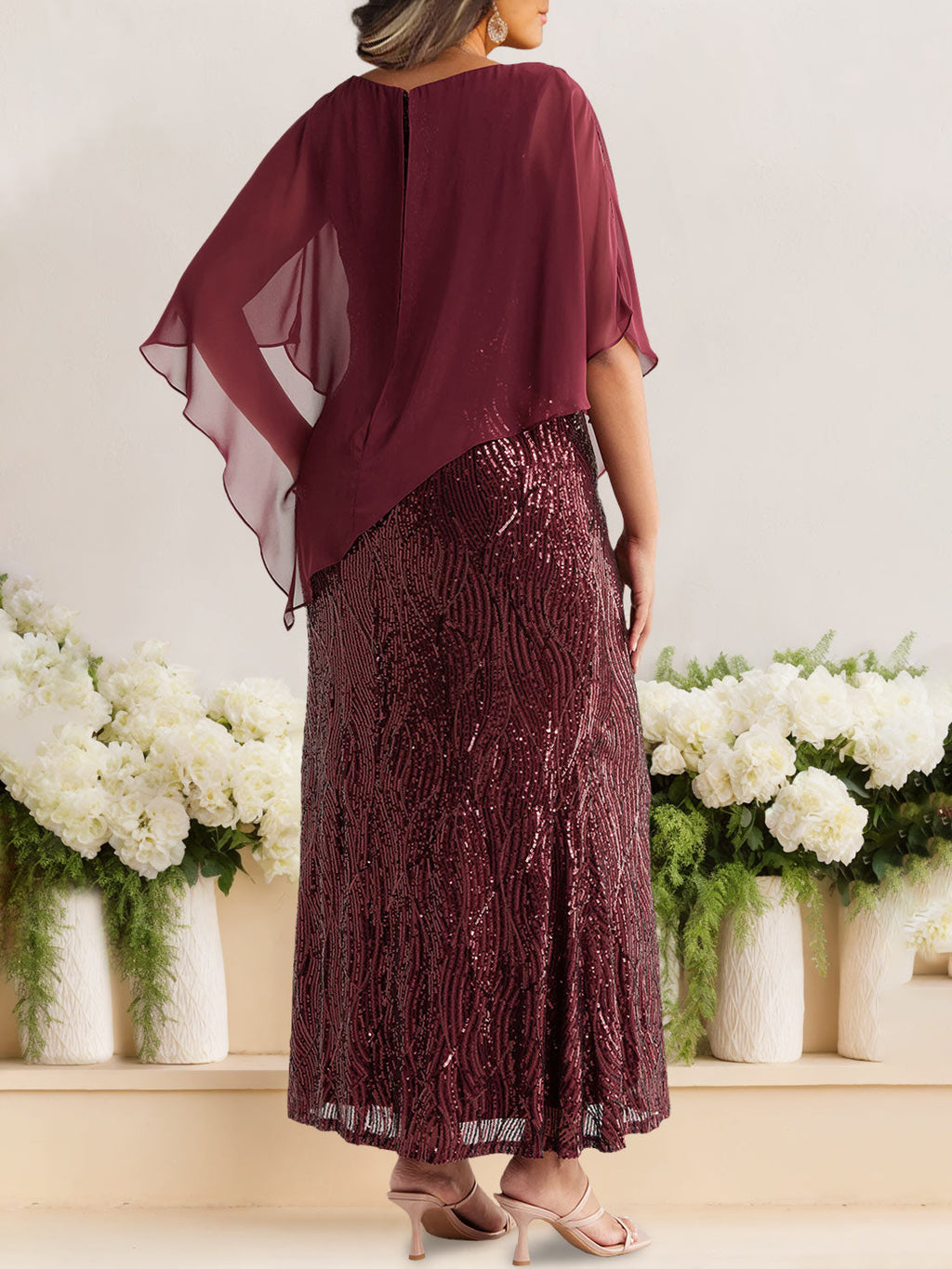 Plus Size Sequined Dress For Mother Of The Bride With Scoop Neck Half Sleeves