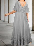 Plus Size V-Neck A-Line Floor-Length Mother of the Bride Appliques Half Sleeves