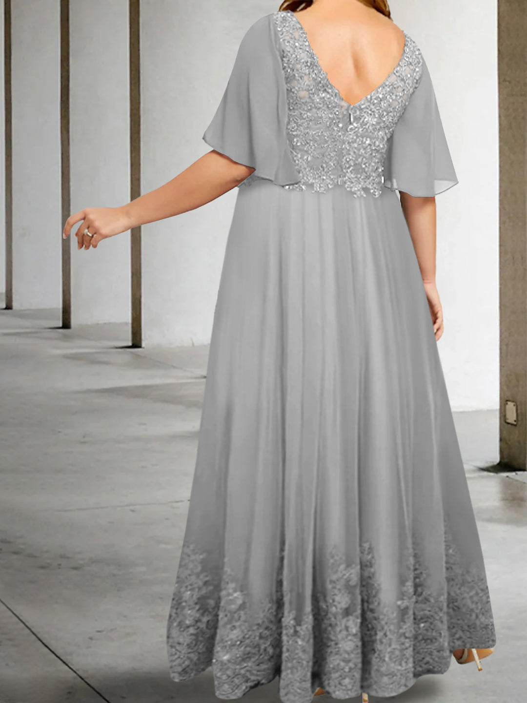 Plus Size V-Neck A-Line Floor-Length Mother of the Bride Appliques Half Sleeves