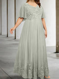 Plus Size V-Neck A-Line Floor-Length Mother of the Bride Appliques Half Sleeves