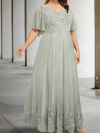 Plus Size V-Neck A-Line Floor-Length Mother of the Bride Appliques Half Sleeves